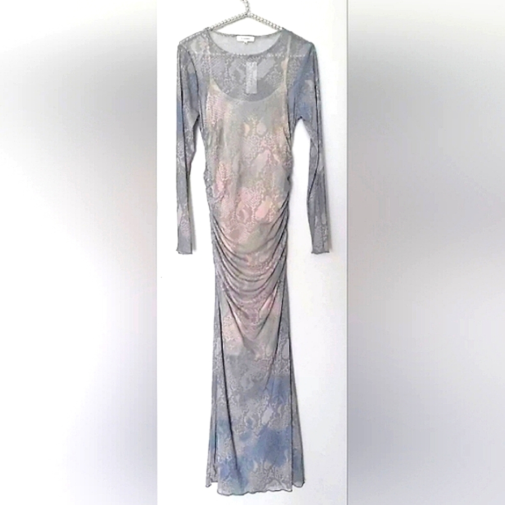 5/$50 No Comment Sheer Rouched Maxi Dress Snake Print Pink/Green/Grey Sz. S
